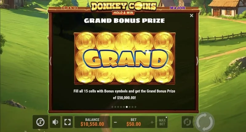 Donkey Coins Hold & Win - näyttö Mini-, Minor-, Major-, Grand-Jackpotien kanssa